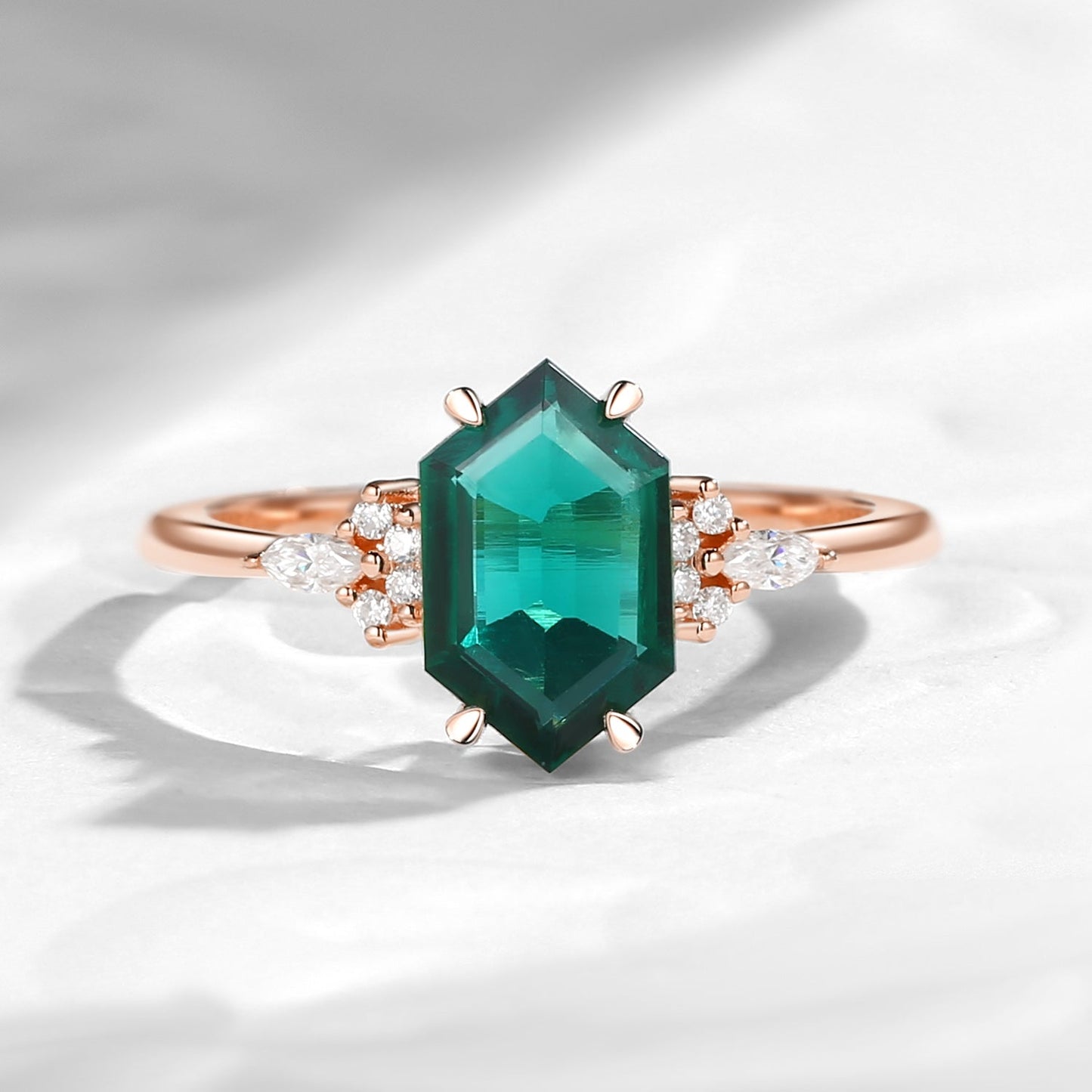Art Deco Long Hexagon Lab Emerald Cluster Engagement Ring