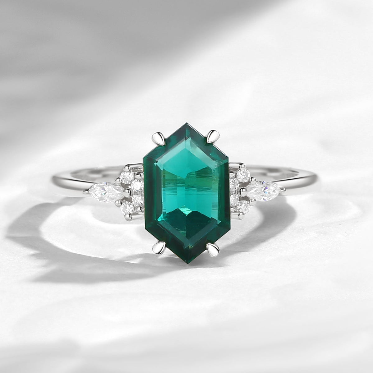 Art Deco Long Hexagon Lab Emerald Cluster Engagement Ring