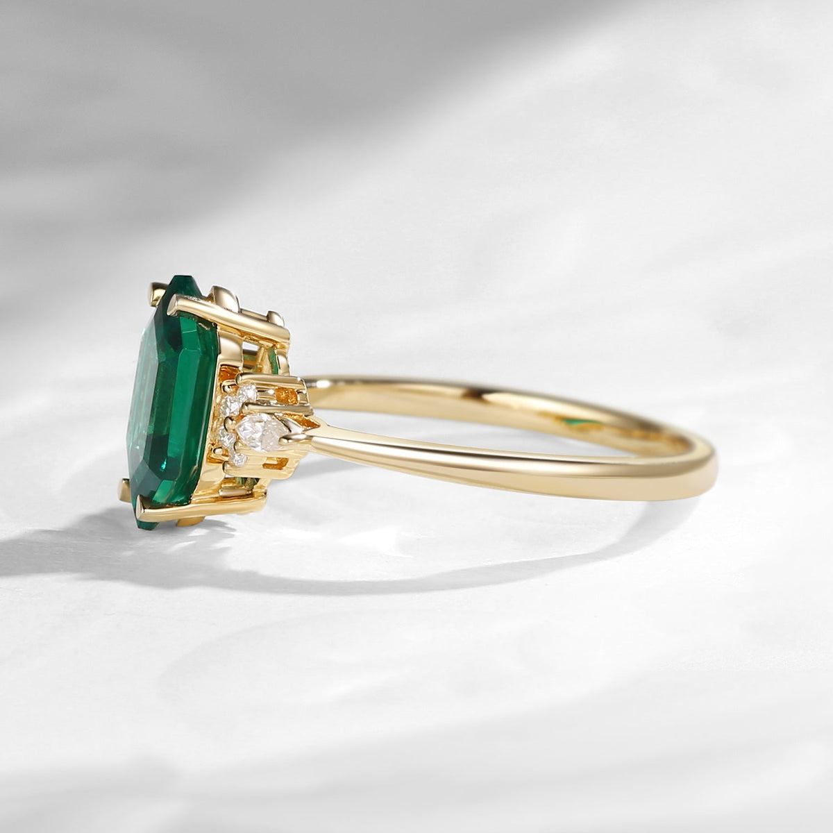 Art Deco Long Hexagon Lab Emerald Cluster Engagement Ring