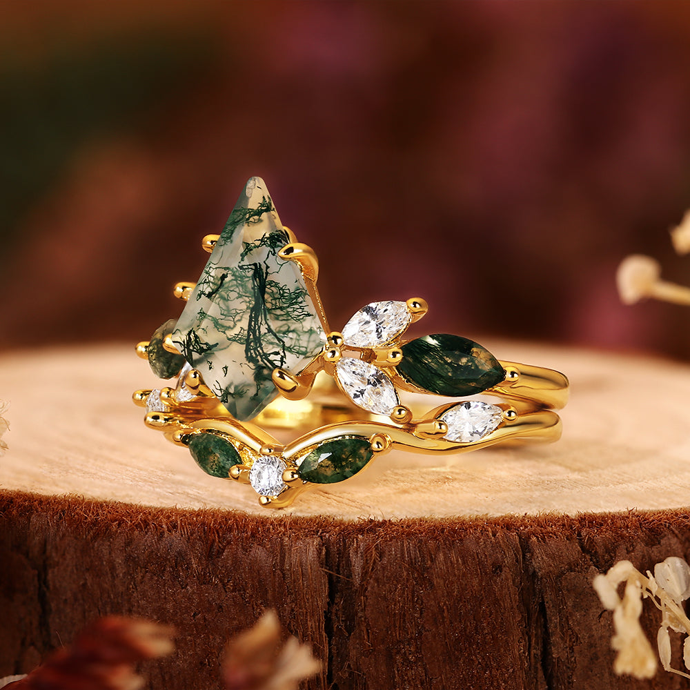 Unique 8x12mm Kite Cut Moss Agate Engagement Ring Set Nature Inspired Vintage Moissanite Wedding Band for Women