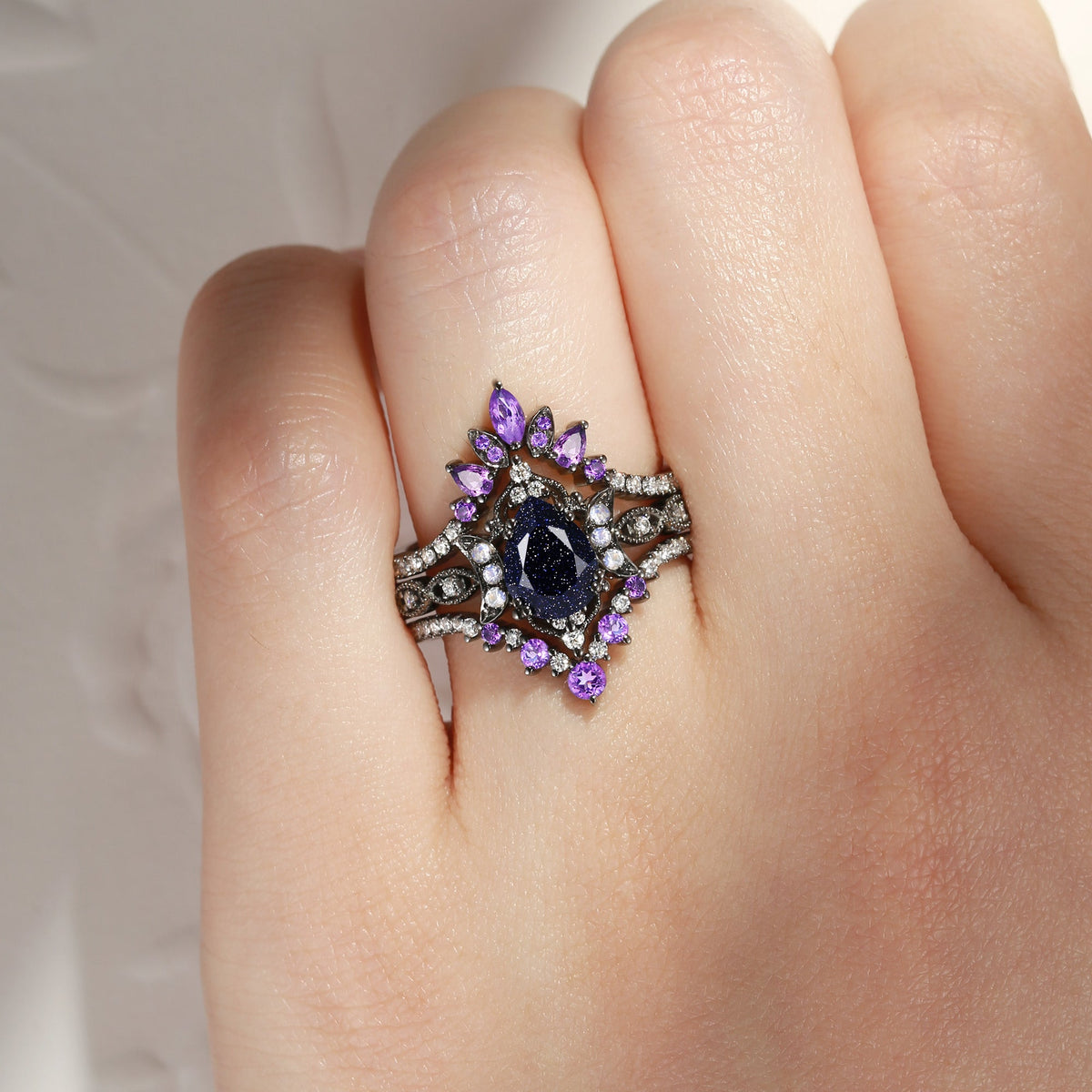 Crescent Moon | Pear Cut Blue Sandstone & Amethyst Ring Set 3pcs