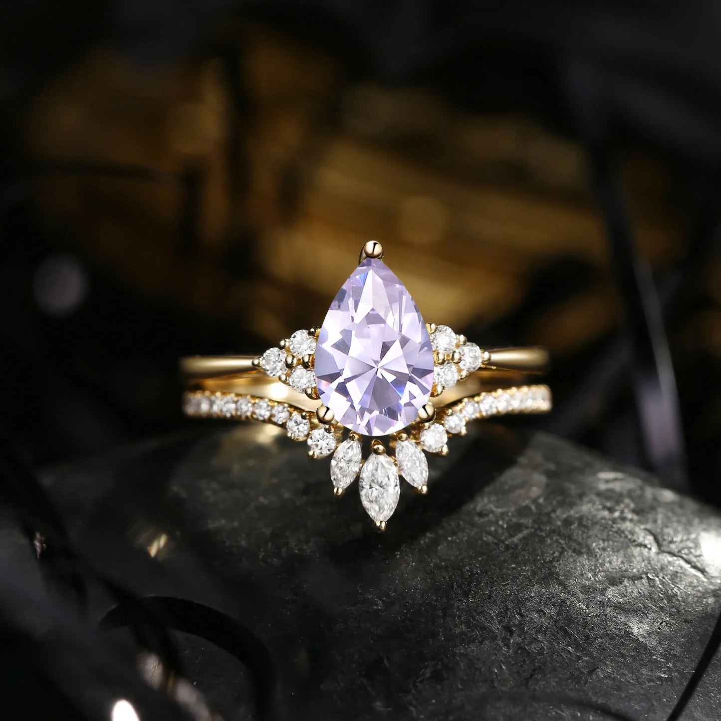 Pear Cut Lab Lavender Sapphire Cluster Engagement Ring Set 2pcs - Vivian