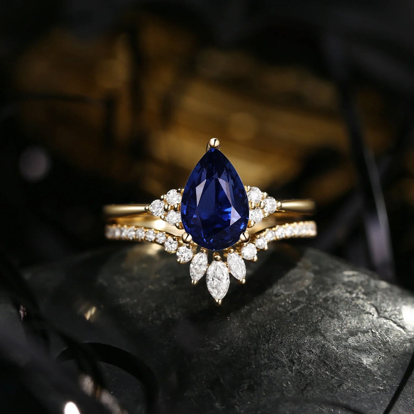 'Vivian' - Classic Style Pear Cut Natural Deep Blue Sapphire Cluster Engagement Ring Set