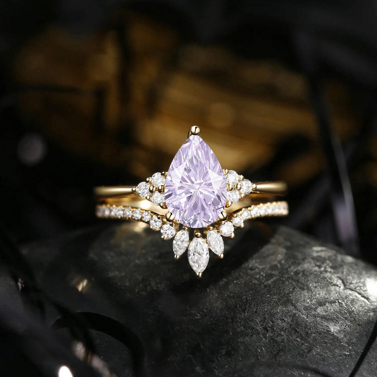 'Vivian' - Firework Cut Pear Lab Lavender Sapphire Cluster Engagement Ring Set