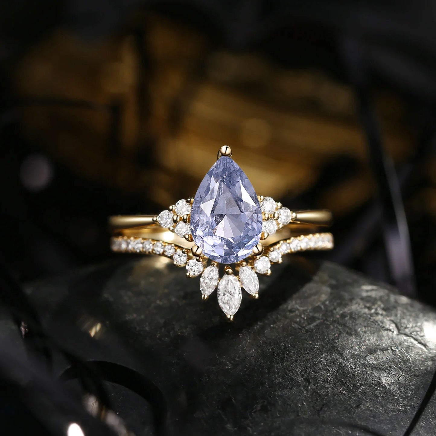 Pear Shaped Natural Spinel Classic Cluster Engagement Ring Set 2pcs - Vivian