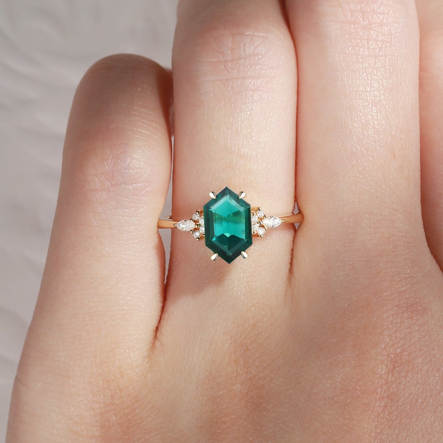 Art Deco Long Hexagon Lab Emerald Cluster Engagement Ring