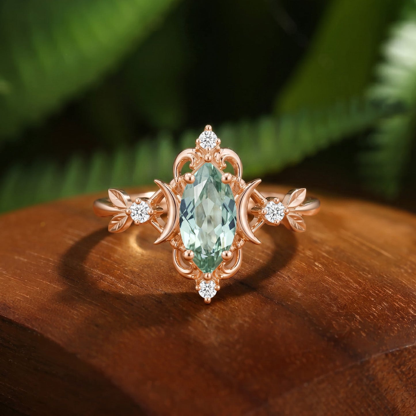 Flora Moon Marquise Cut Green Sapphire Leaf Engagement Ring - Ursa