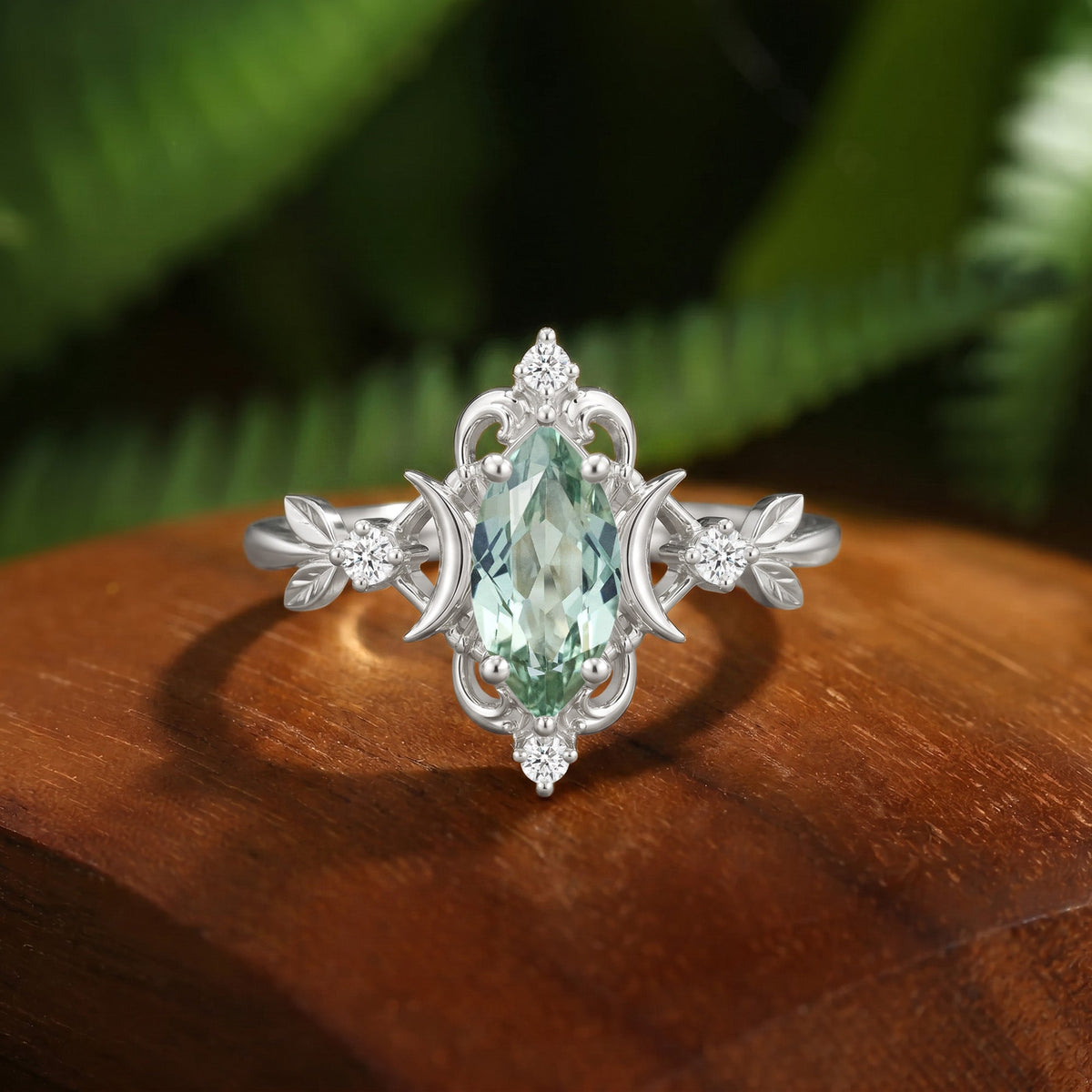 Flora Moon Marquise Cut Green Sapphire Leaf Engagement Ring - Ursa