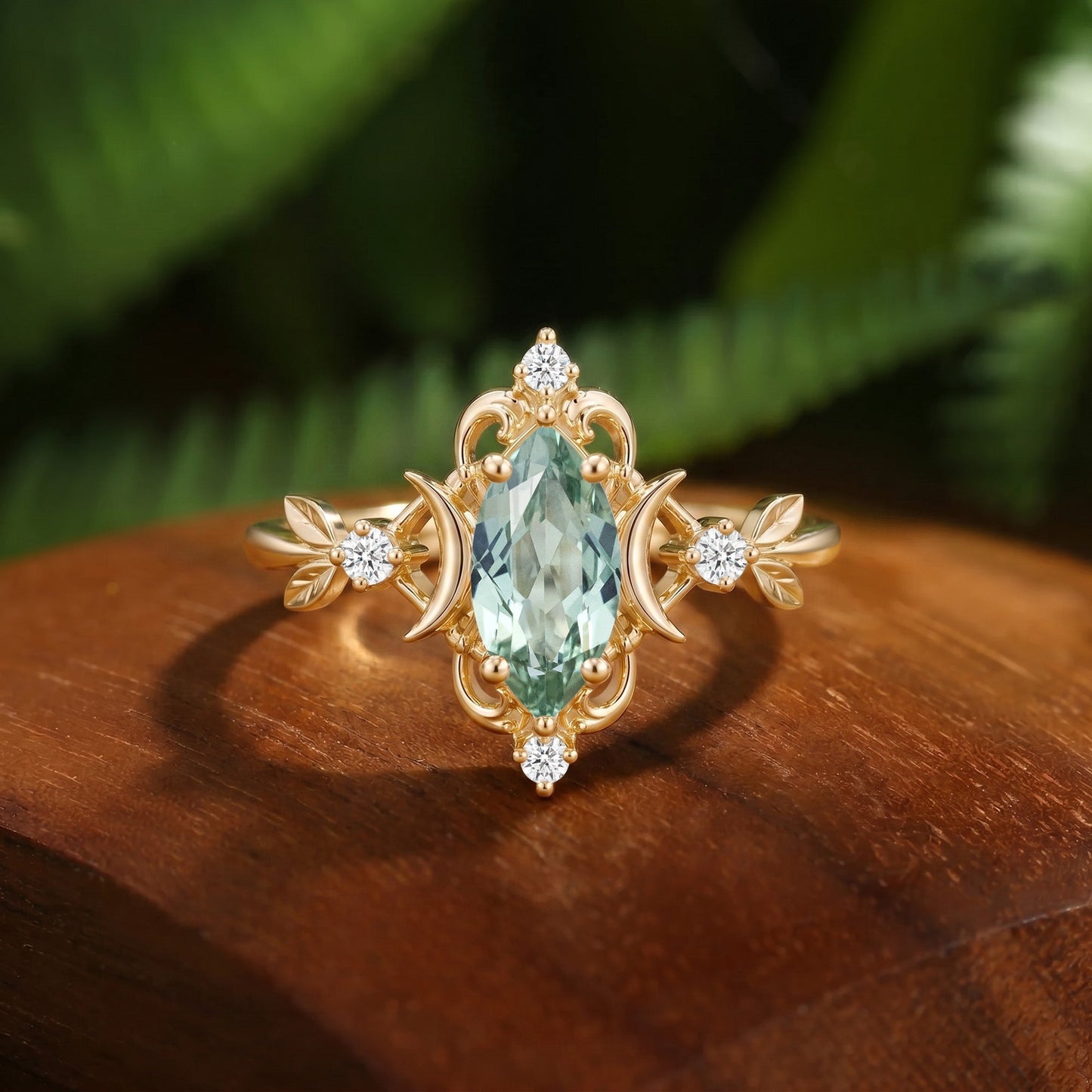 Flora Moon Marquise Cut Green Sapphire Leaf Engagement Ring - Ursa