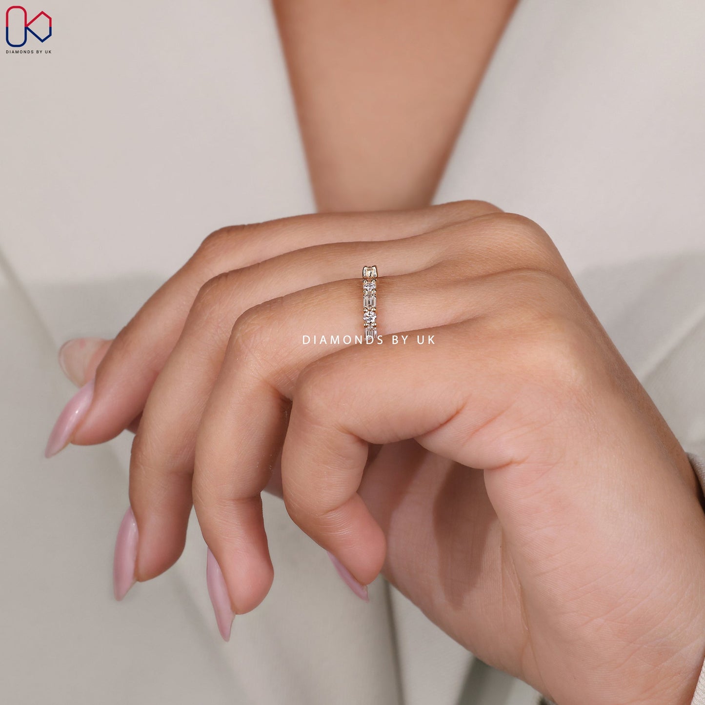 Open Gap Emerald and Round Wedding Band