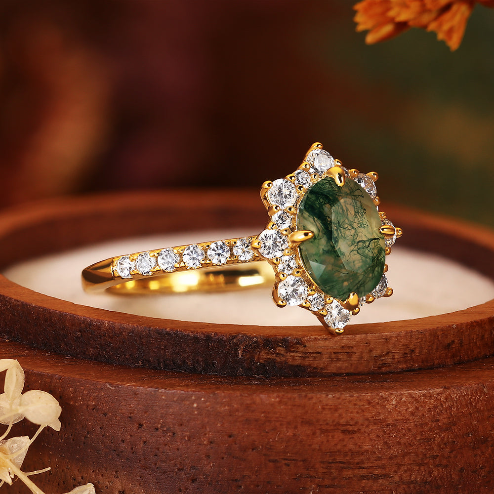 Vintage 6x8mm Oval Moss Agate Starburst Halo Engagement Ring, Nature Inspired Green Agate Jewelry