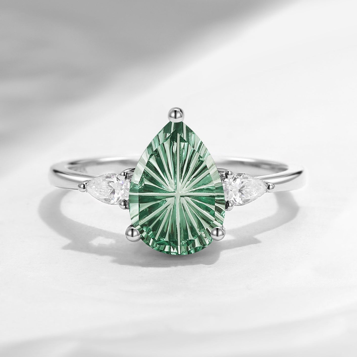 Fantasy Carved Pear Shaped Lab Green Sapphire Three Stone Engagement Ring