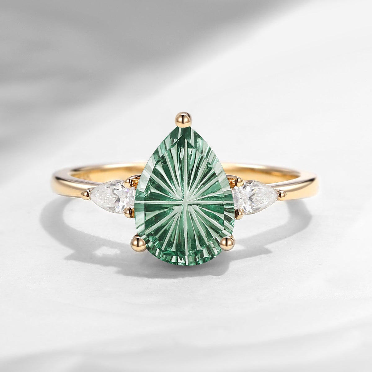 Fantasy Carved Pear Shaped Lab Green Sapphire Three Stone Engagement Ring