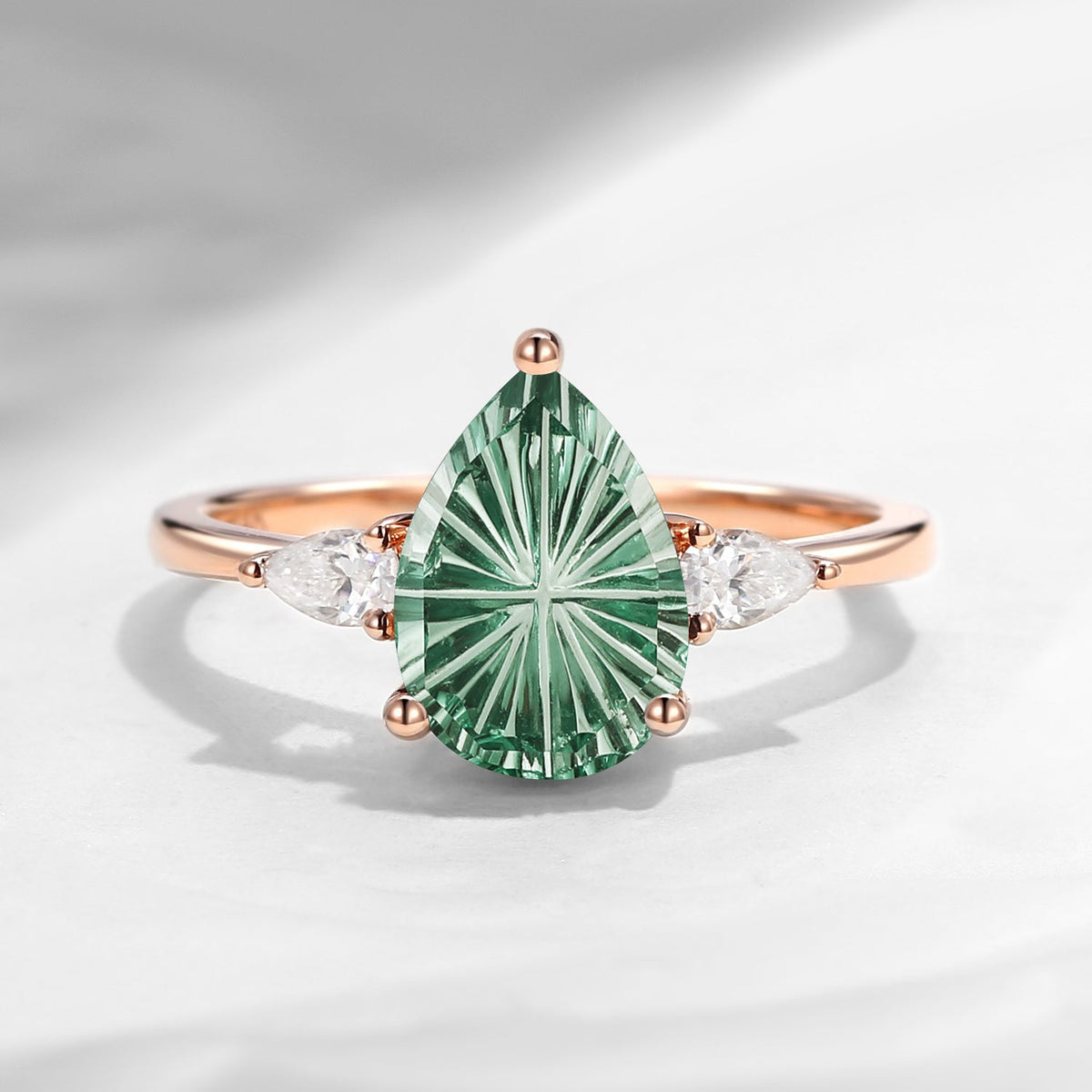 Fantasy Carved Pear Shaped Lab Green Sapphire Three Stone Engagement Ring