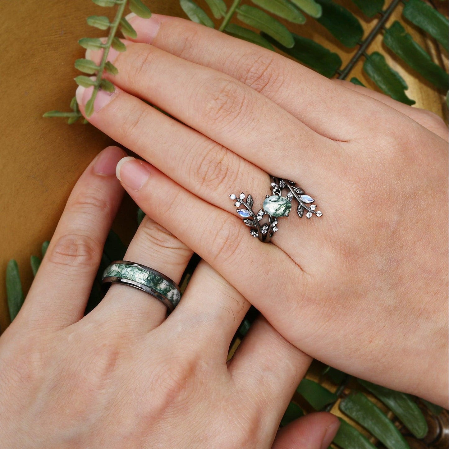 Sylvie’s Wildwood | Oval Moss Agate & Inlay Band Couple Set 3pcs