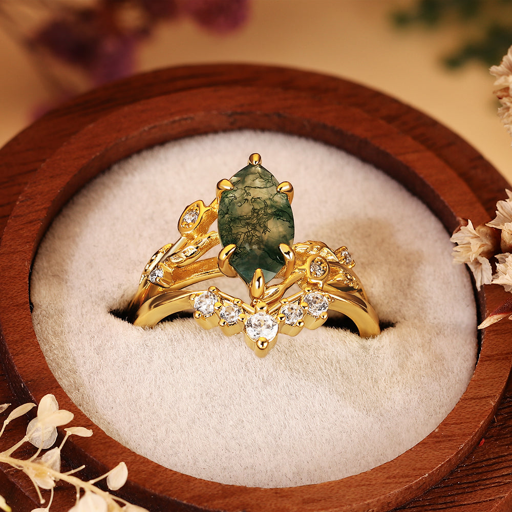 Marquise Moss Agate Bridal Set, Nature Inspired Leaf & Twig Wedding Ring Set, 2PCS Unique Green Gemstone Engagement Ring for Women