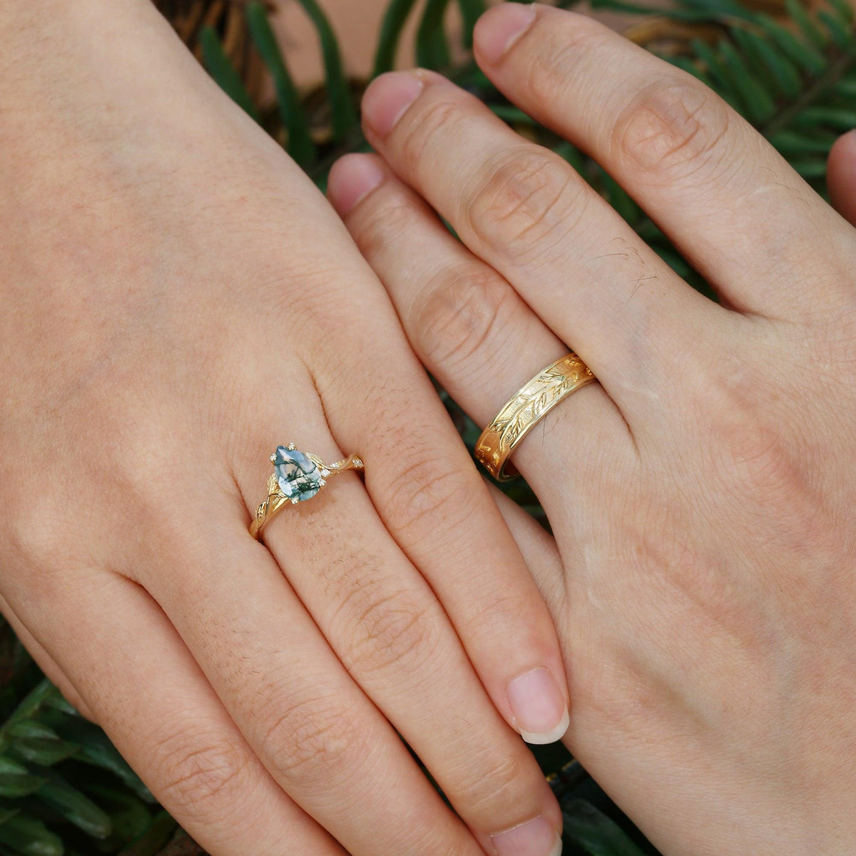 Laurel’s Spinney | Pear Moss Agate Leaf Wedding Band Couple Set 3pcs