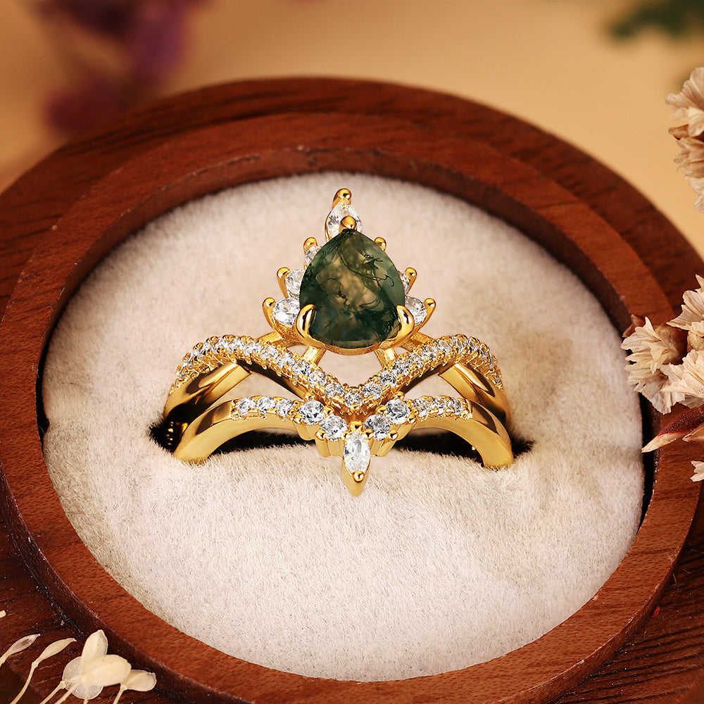 Pear Shaped Moss Agate Engagement Ring Set for Women, Vintage Nature Inspired Wedding Band, 2PCS Teardrop Agate Bridal Set
