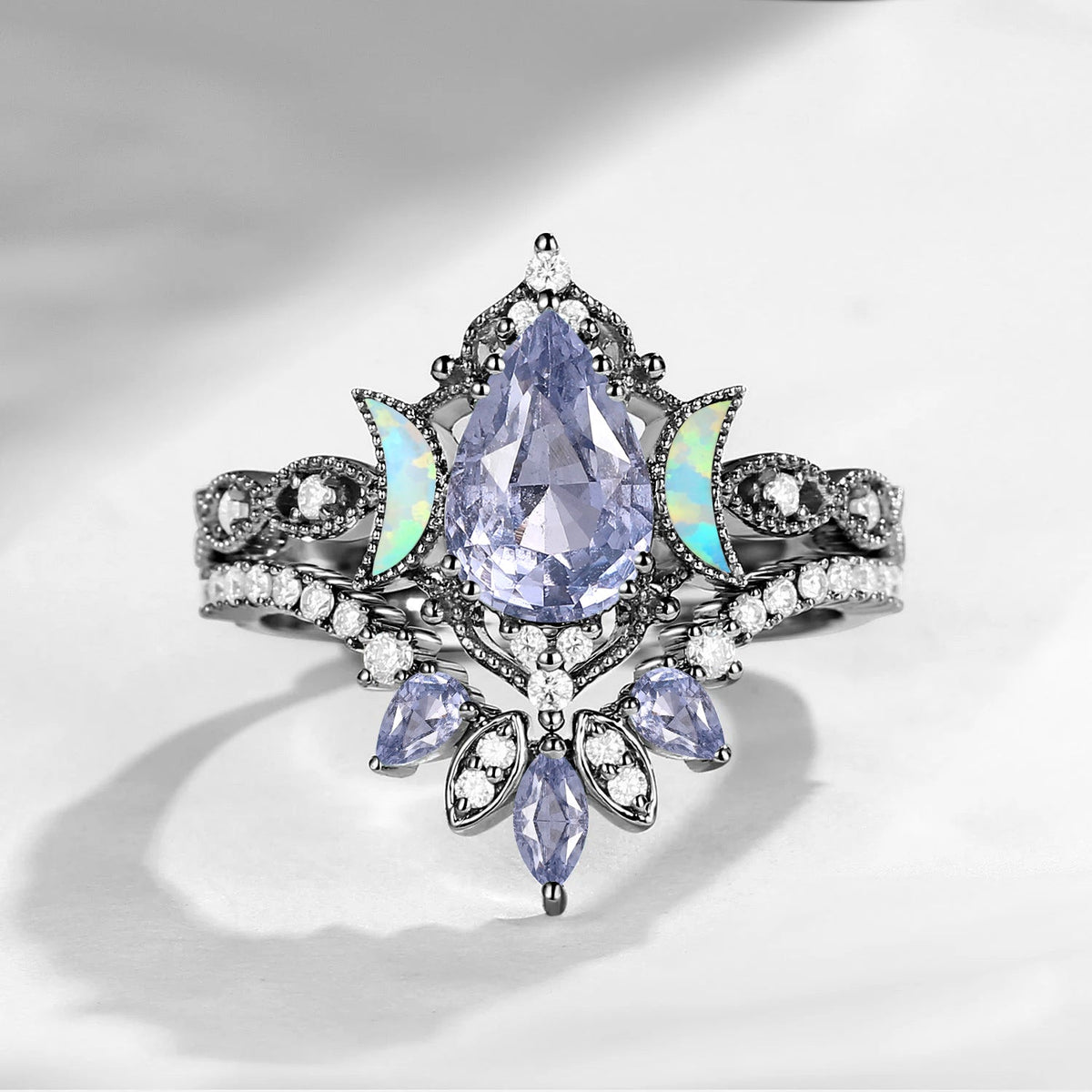 Crescent Moon | Pear Cut Natural Spinel 'Ultra Galaxy' Engagement Ring Set 2pcs
