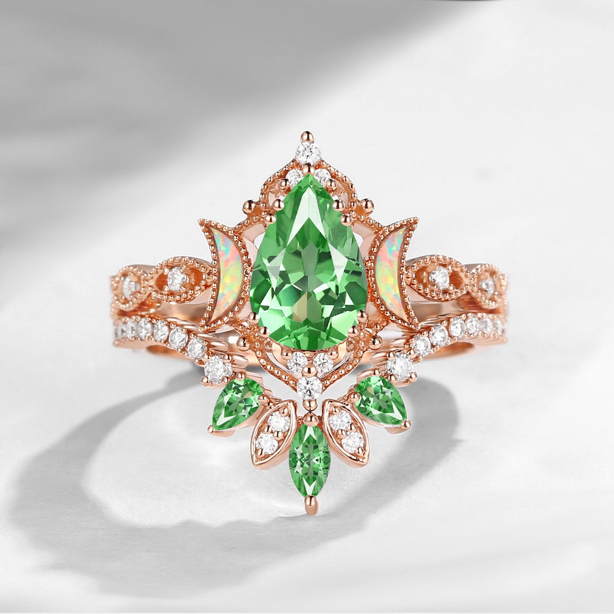 Crescent Moon | Pear Cut Lab Tsavorite 'Ultra Galaxy' Engagement Ring Set 2pcs