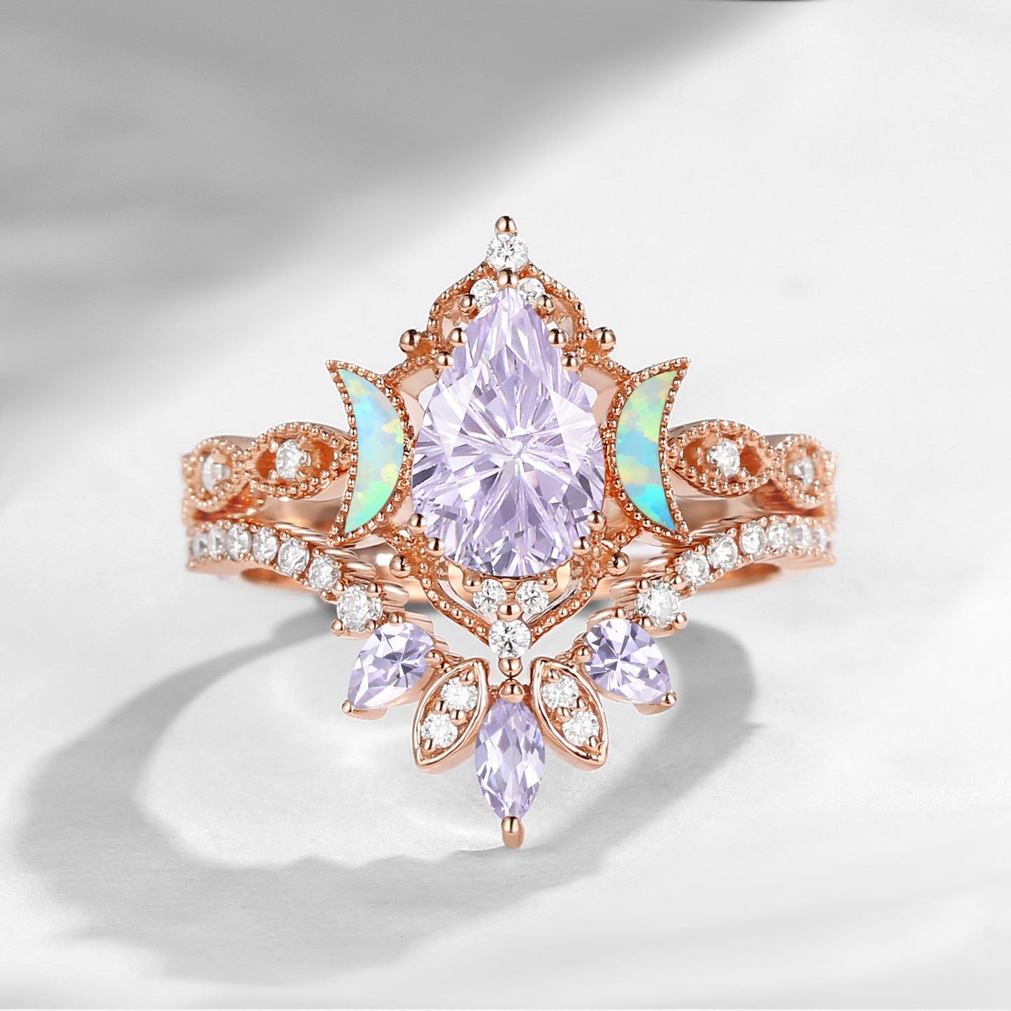 Crescent Moon | Firework Cut Pear Lab Lavender Sapphire 'Ultra Galaxy' Engagement Ring Set 2pcs