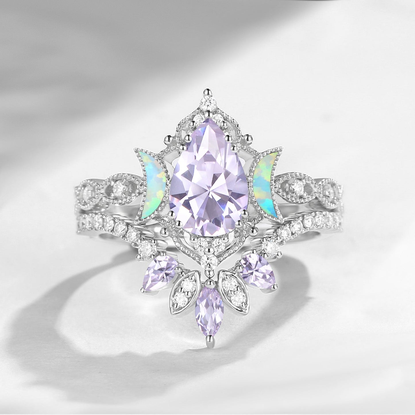 Crescent Moon | Pear Cut Lab Lavender Sapphire 'Ultra Galaxy' Engagement Ring Set 2pcs