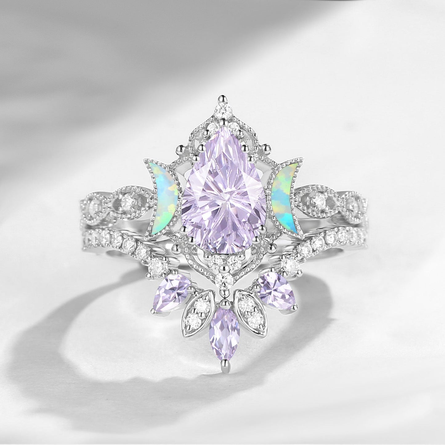 Crescent Moon | Firework Cut Pear Lab Lavender Sapphire 'Ultra Galaxy' Engagement Ring Set 2pcs