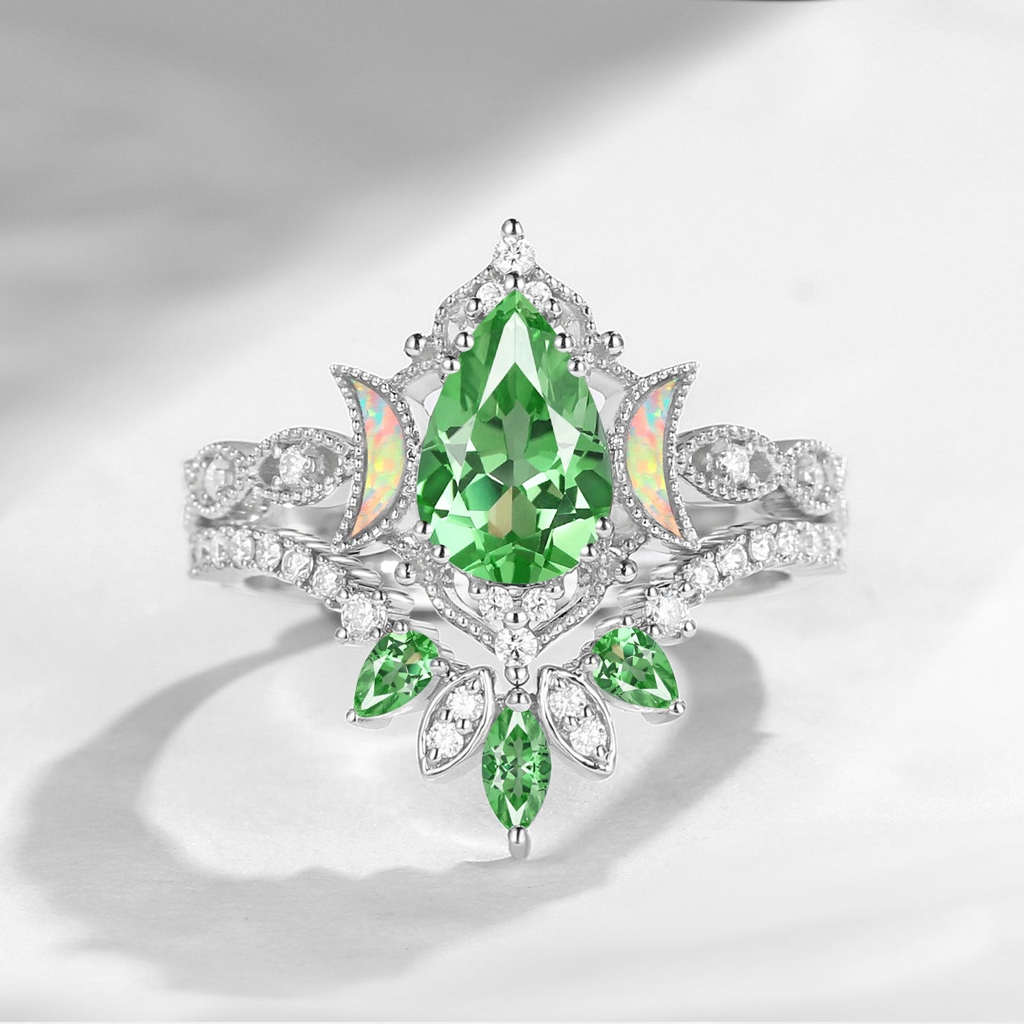 Crescent Moon | Pear Cut Lab Tsavorite 'Ultra Galaxy' Engagement Ring Set 2pcs