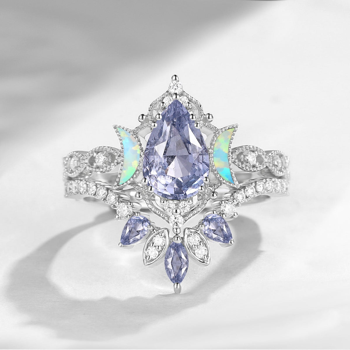 Crescent Moon | Pear Cut Natural Spinel 'Ultra Galaxy' Engagement Ring Set 2pcs