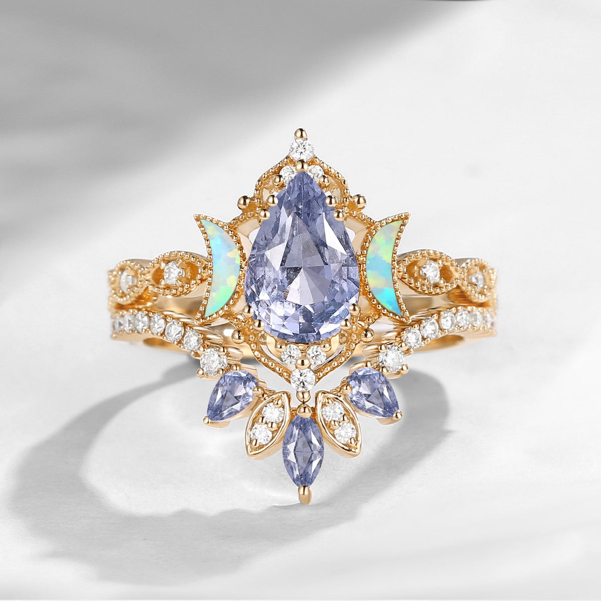 Crescent Moon | Pear Cut Natural Spinel 'Ultra Galaxy' Engagement Ring Set 2pcs