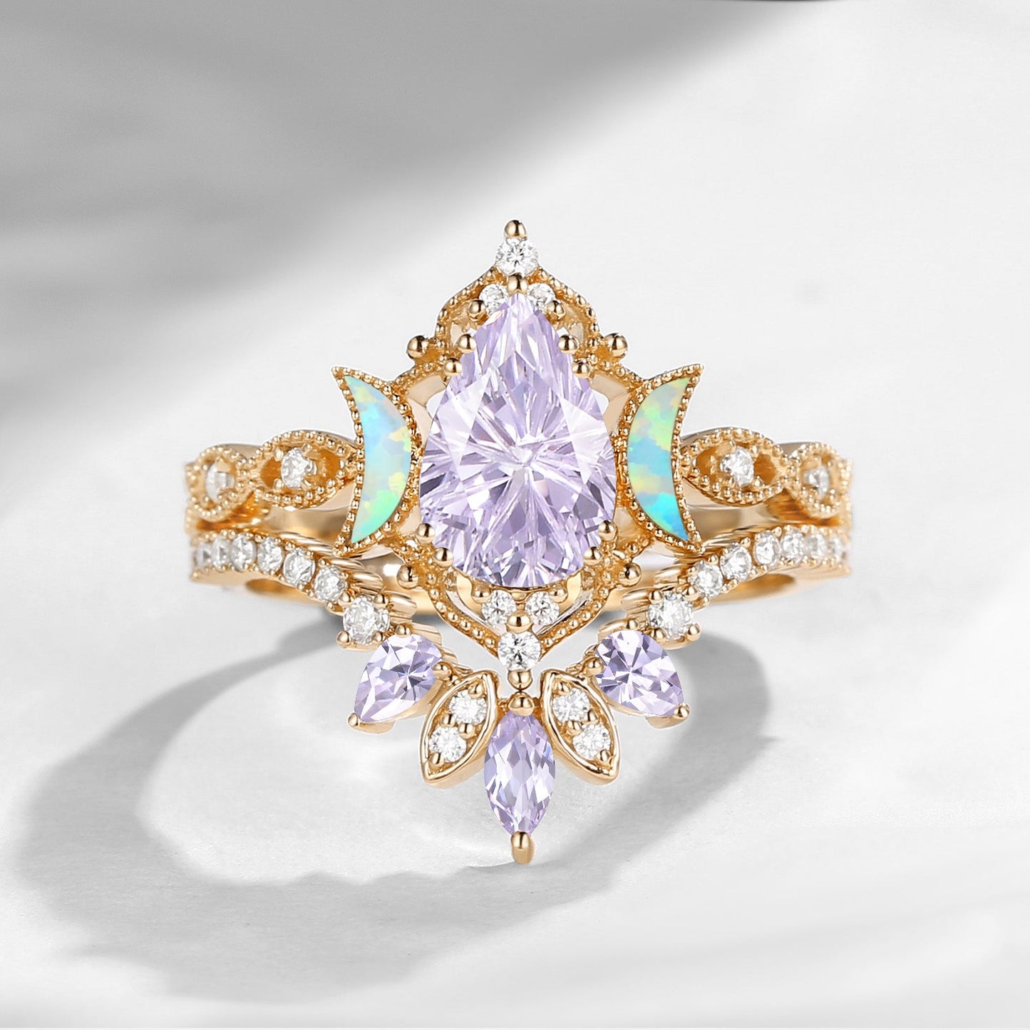 Crescent Moon | Firework Cut Pear Lab Lavender Sapphire 'Ultra Galaxy' Engagement Ring Set 2pcs