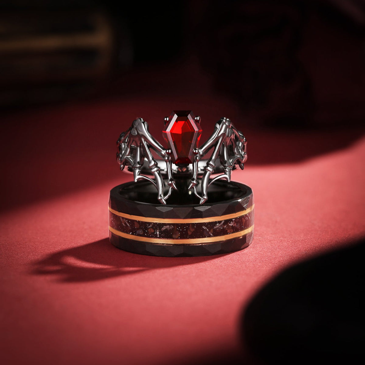 Bat Wing Inspired Coffin Garnet With Gold Strips Couple Bridal Ring Set