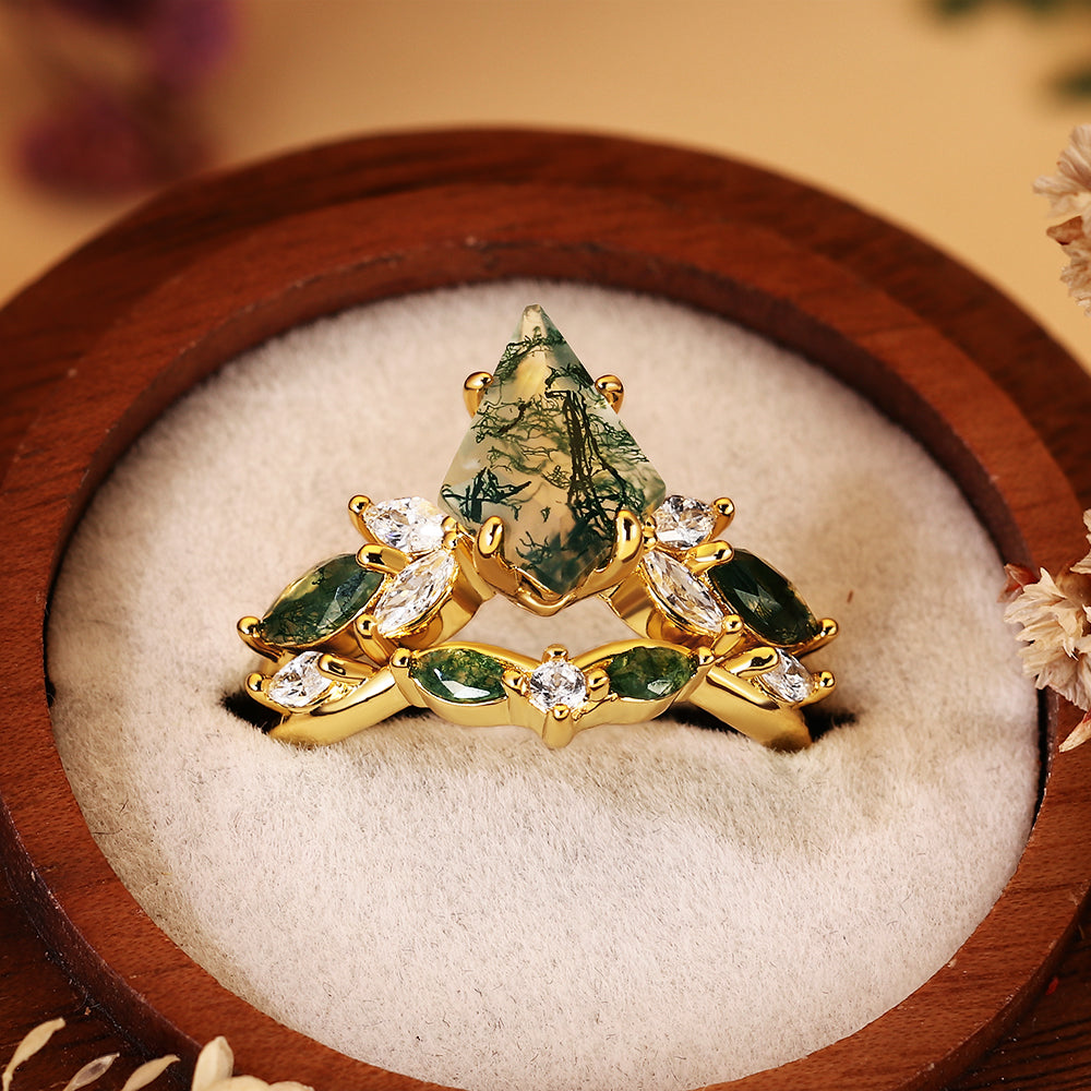 Unique 8x12mm Kite Cut Moss Agate Engagement Ring Set Nature Inspired Vintage Moissanite Wedding Band for Women
