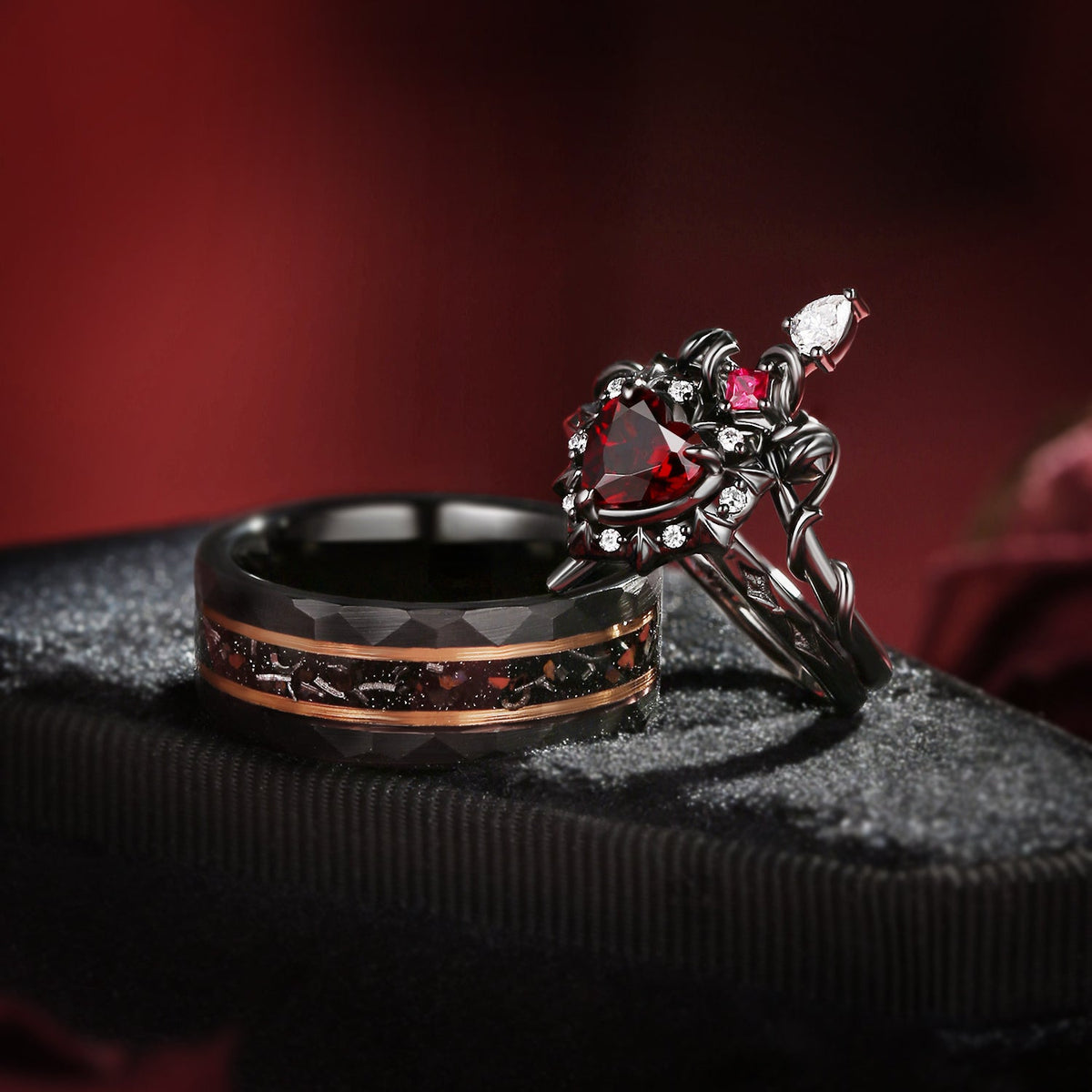 'Cupid's Arrow' - Heart Shaped Garnet Sword Ring & Strips Band Couple Ring Set in Black Gold