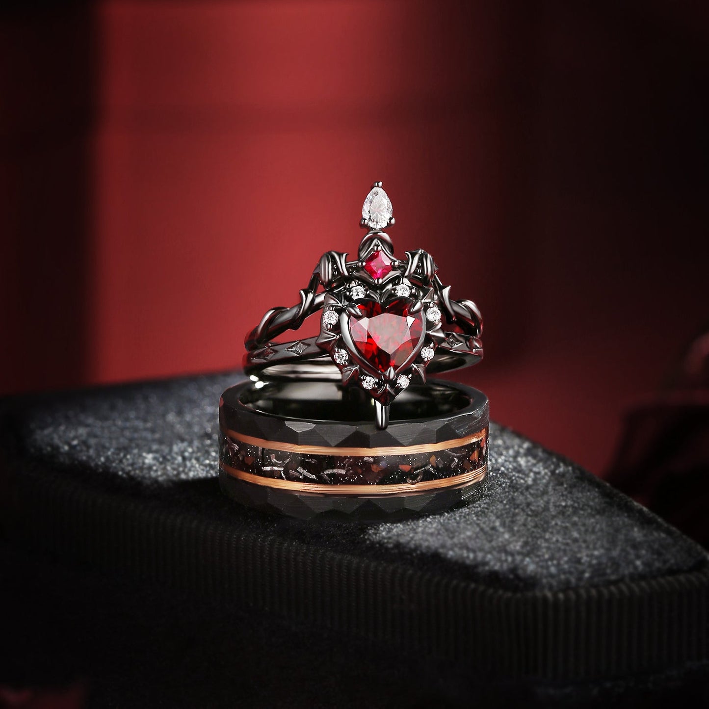 'Cupid's Arrow' - Heart Shaped Garnet Sword Ring & Strips Band Couple Ring Set in Black Gold