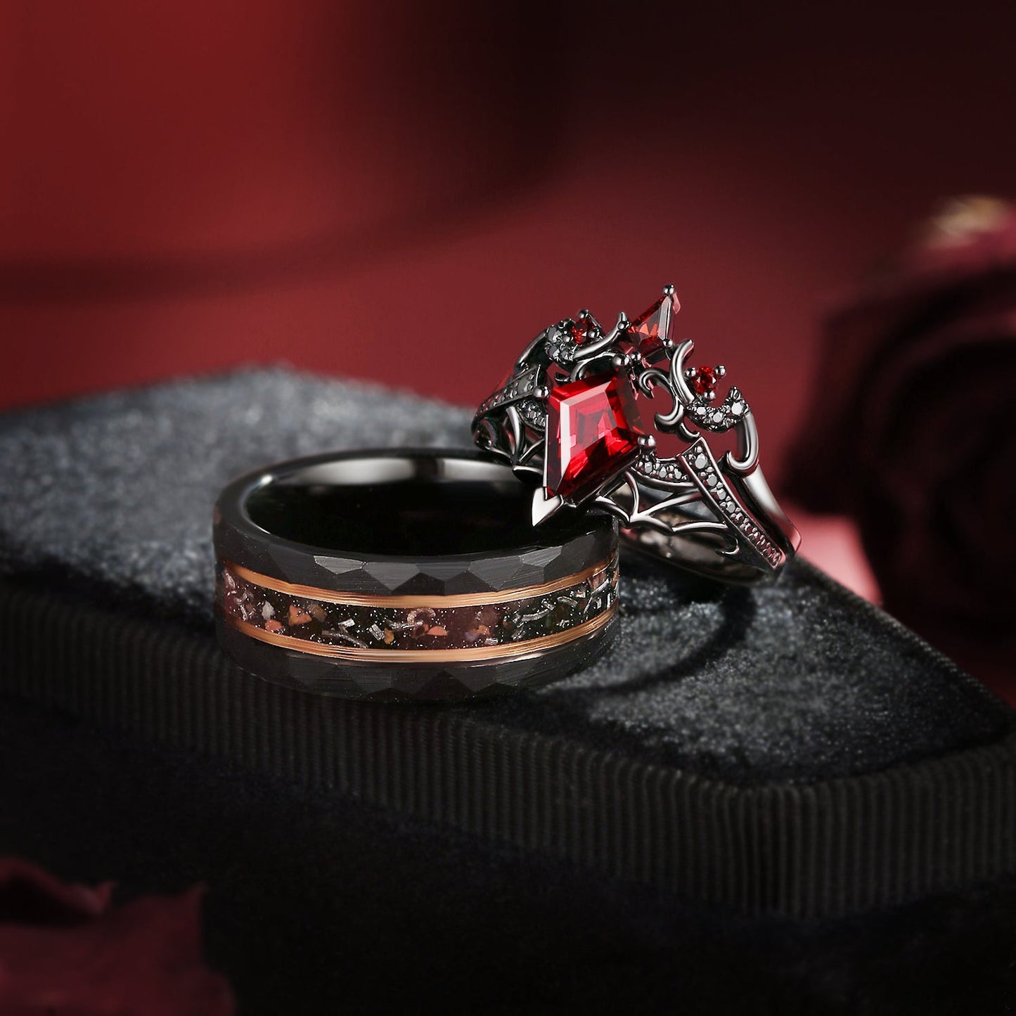 Bat Wing Inspired Kite Cut Garnet & Strips Leafy Band Couple Bridal Ring Set