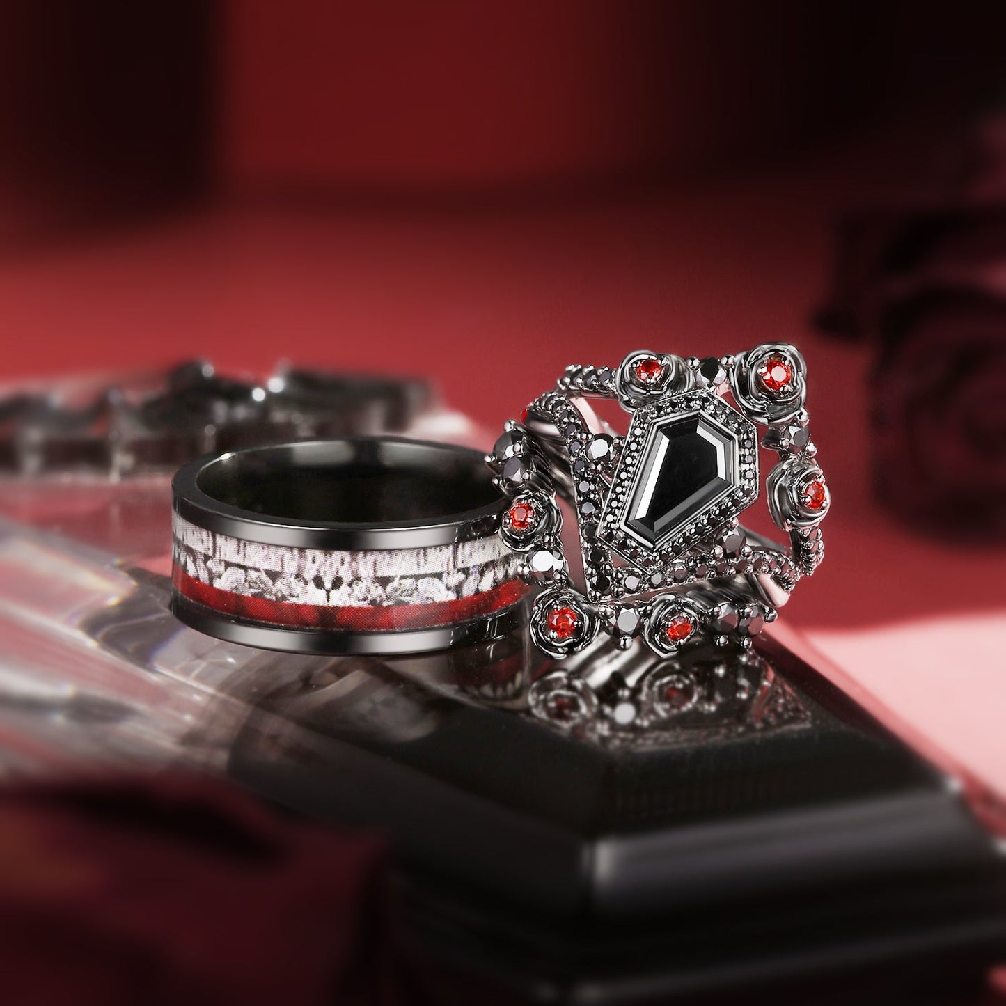 Coffin Black Moissanite 'Thorns & Roses' Ring & Mosaic Electroplated Couple Bridal Ring Set
