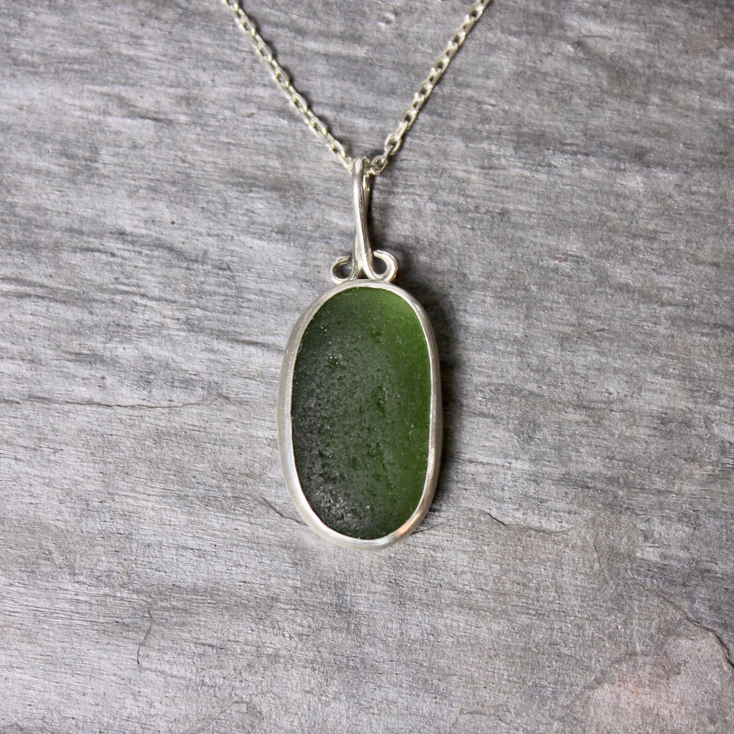 Dark Forest Green Sea Glass Necklace | Sterling Silver | Handmade