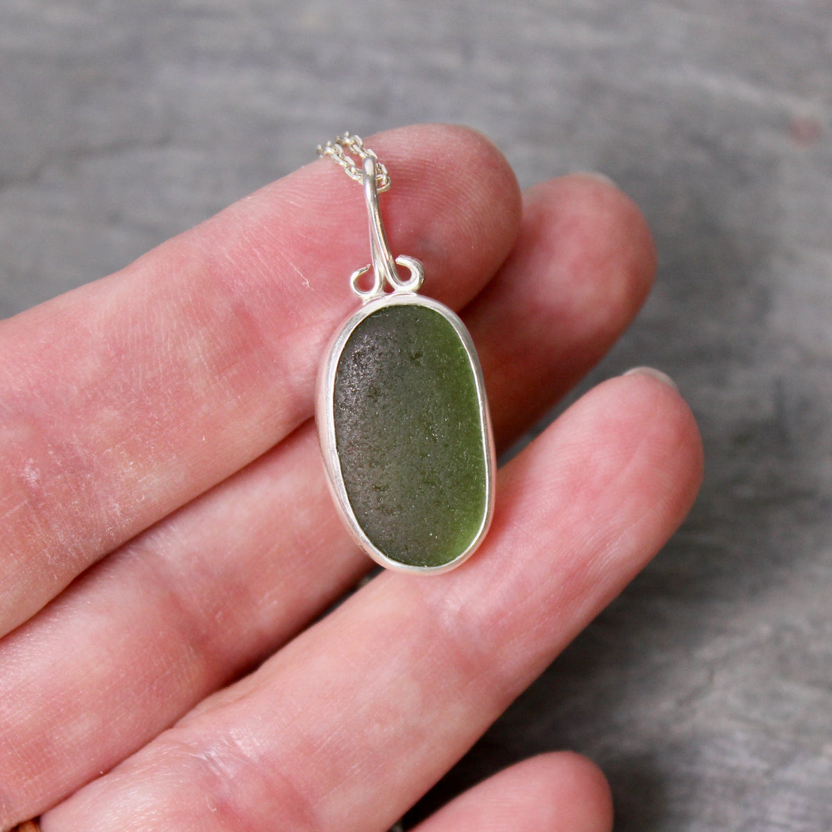 Dark Forest Green Sea Glass Necklace | Sterling Silver | Handmade