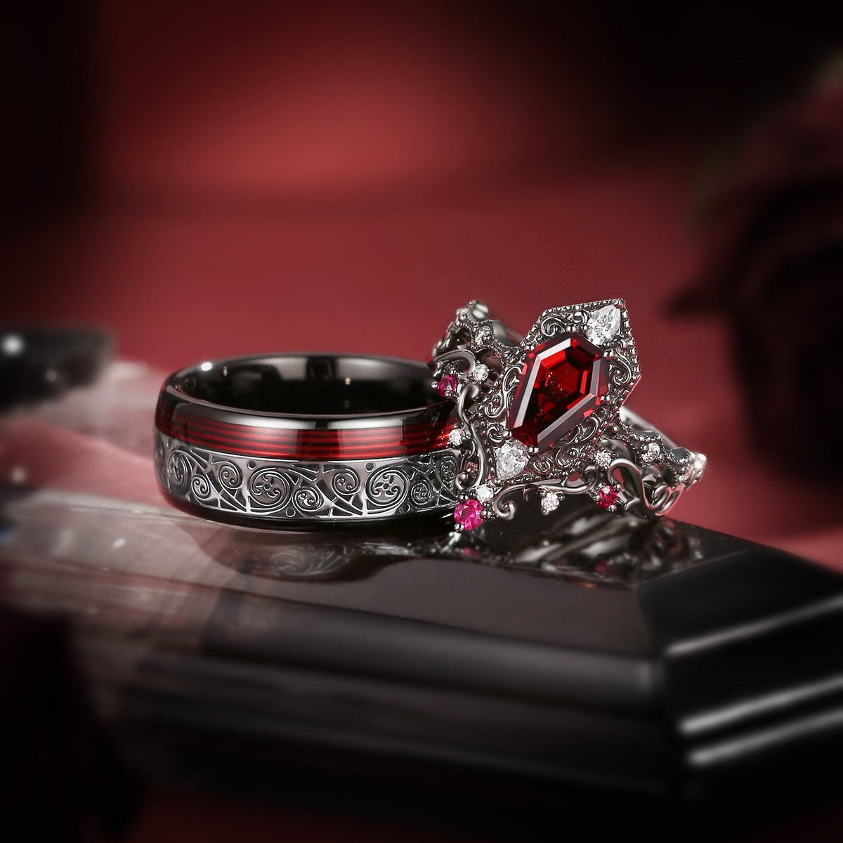 Coffin Garnet 'Fallen Aegis' Ring & Celtic Filigree Couple Bridal Ring Set