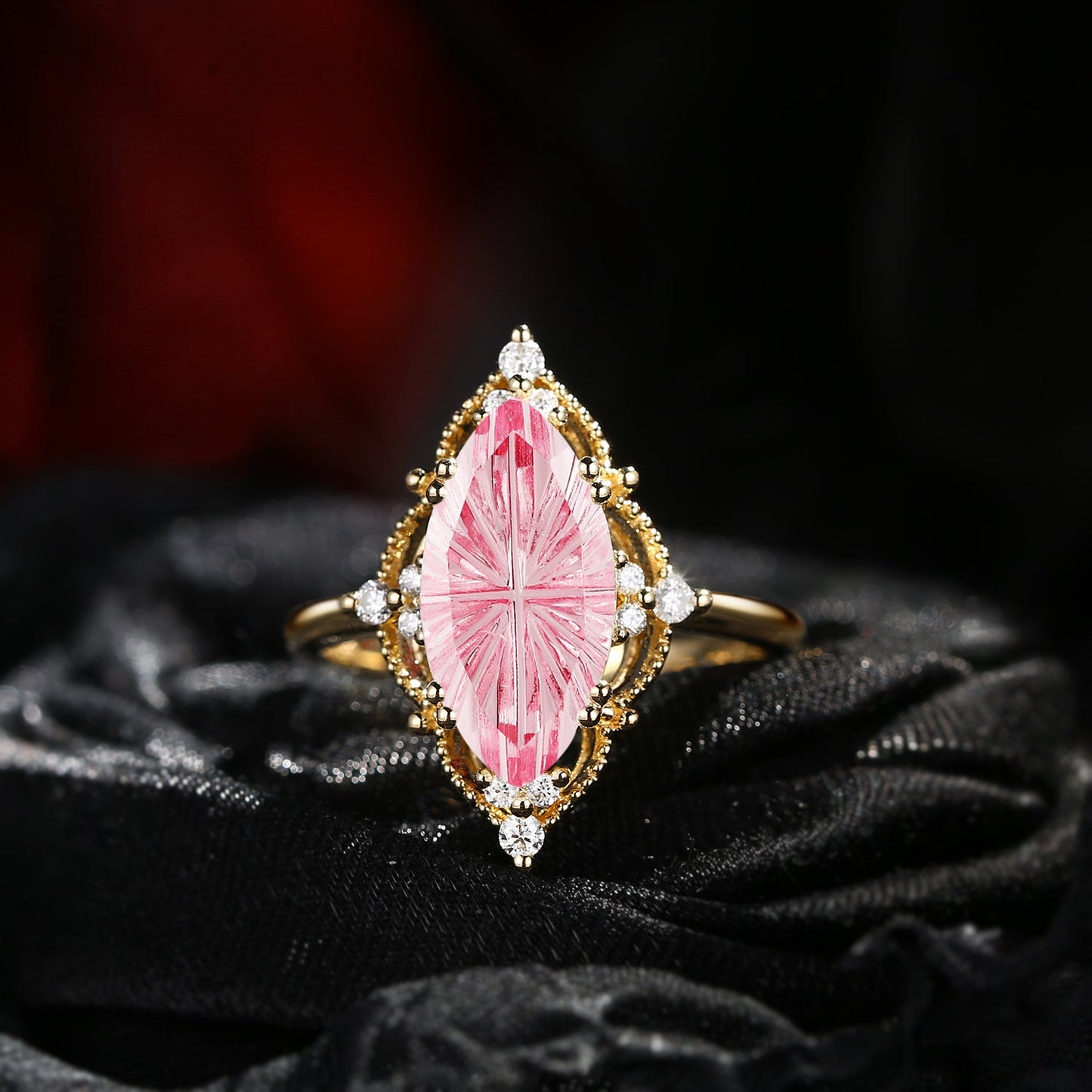 Fantasy Carved Lab Pink Sapphire Marquise Vintage Inspired Engagement Ring