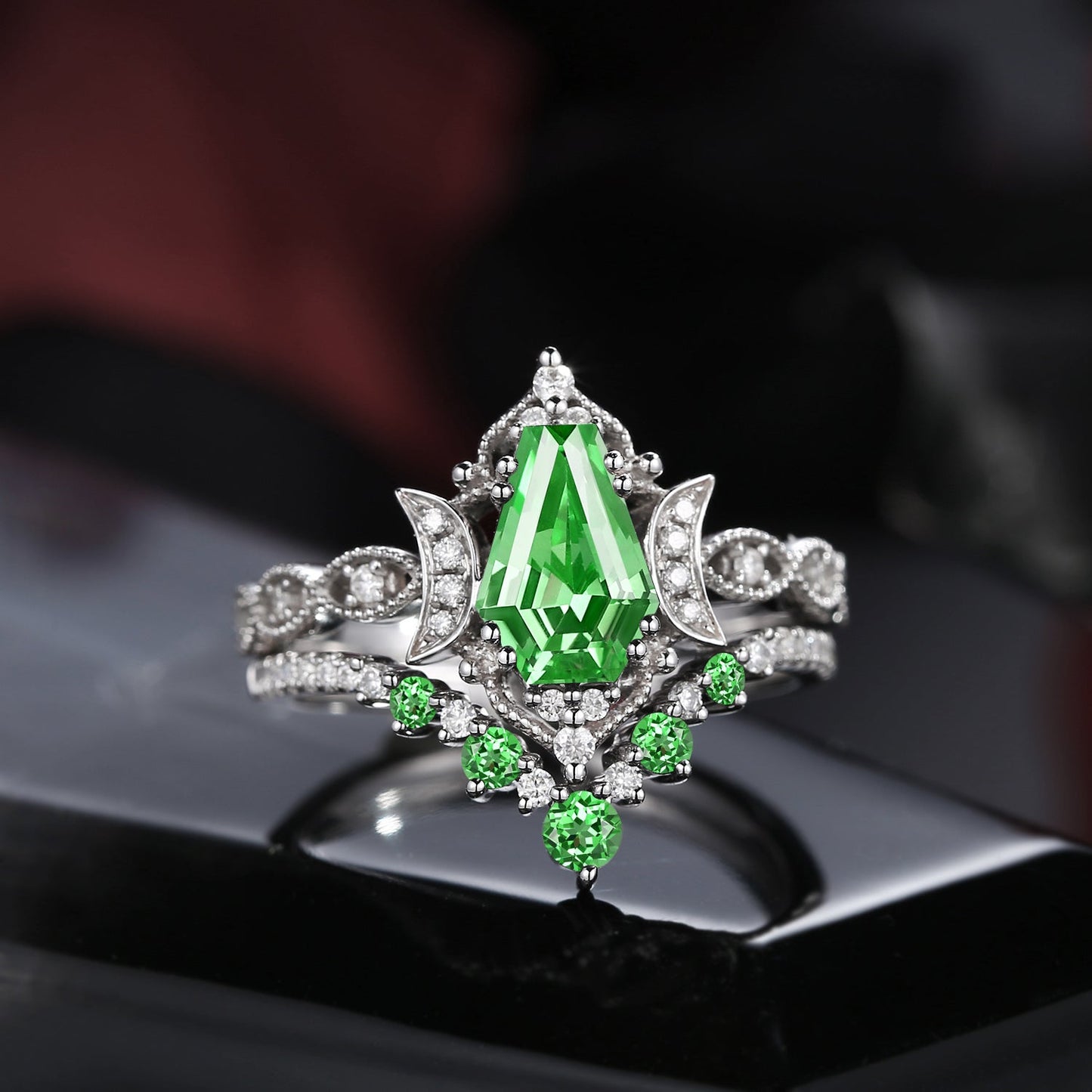 Crescent Moon | Coffin Cut Lab Tsavorite 'Till Death Do Us Part' Engagement Ring Set 2pcs