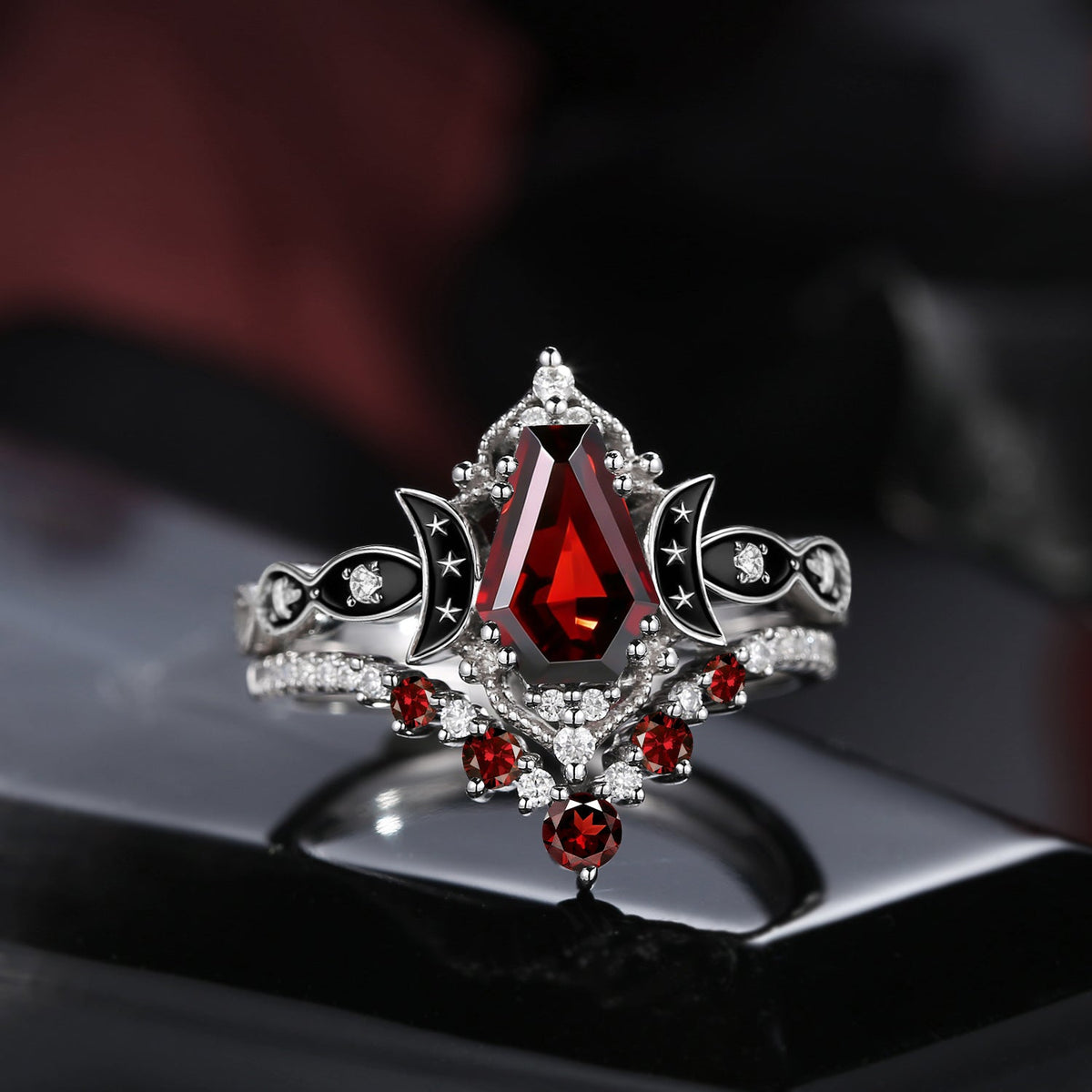 Crescent Moon | Coffin Cut Garnet Black Enamel 'Ultra Celestial' Ring Set 2pcs