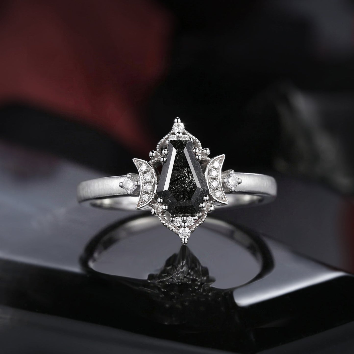 'Till Death Do Us Part' – Textured Coffin Cut Black Rutilated Quartz Crescent Moon Engagement Ring