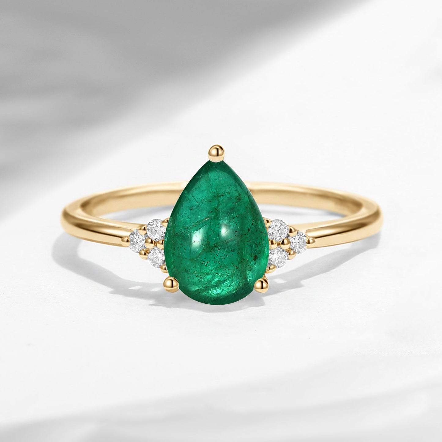 Classic Style Pear Cut Natural Emerald Cluster Engagement Ring