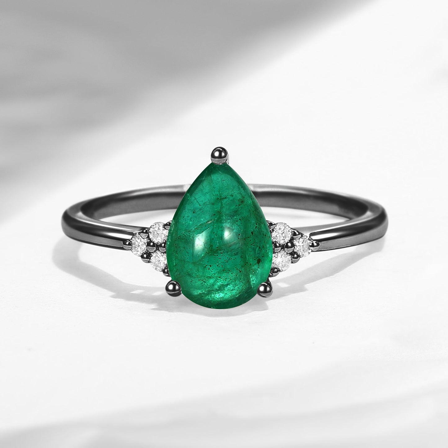 Classic Style Pear Cut Natural Emerald Cluster Engagement Ring