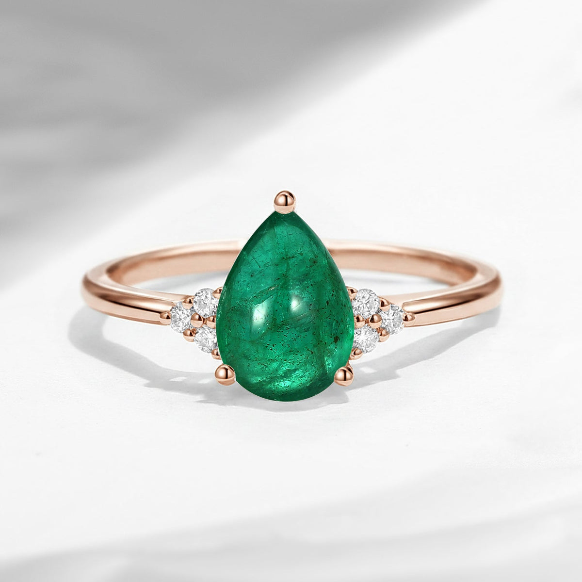 Classic Style Pear Cut Natural Emerald Cluster Engagement Ring