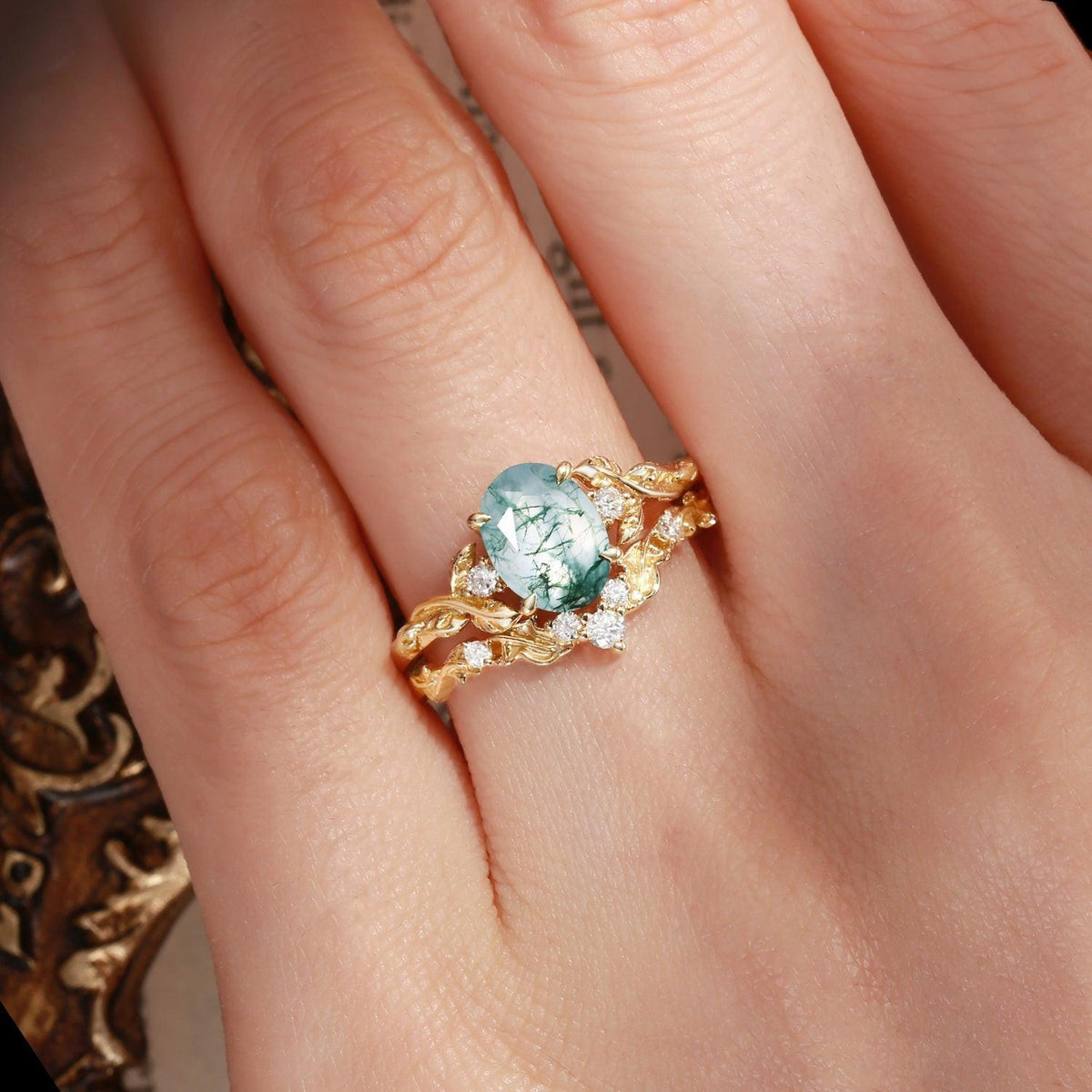 Rosalind’s Arbor | Oval Cut Moss Agate Leaf Branch Bridal Set 2pcs
