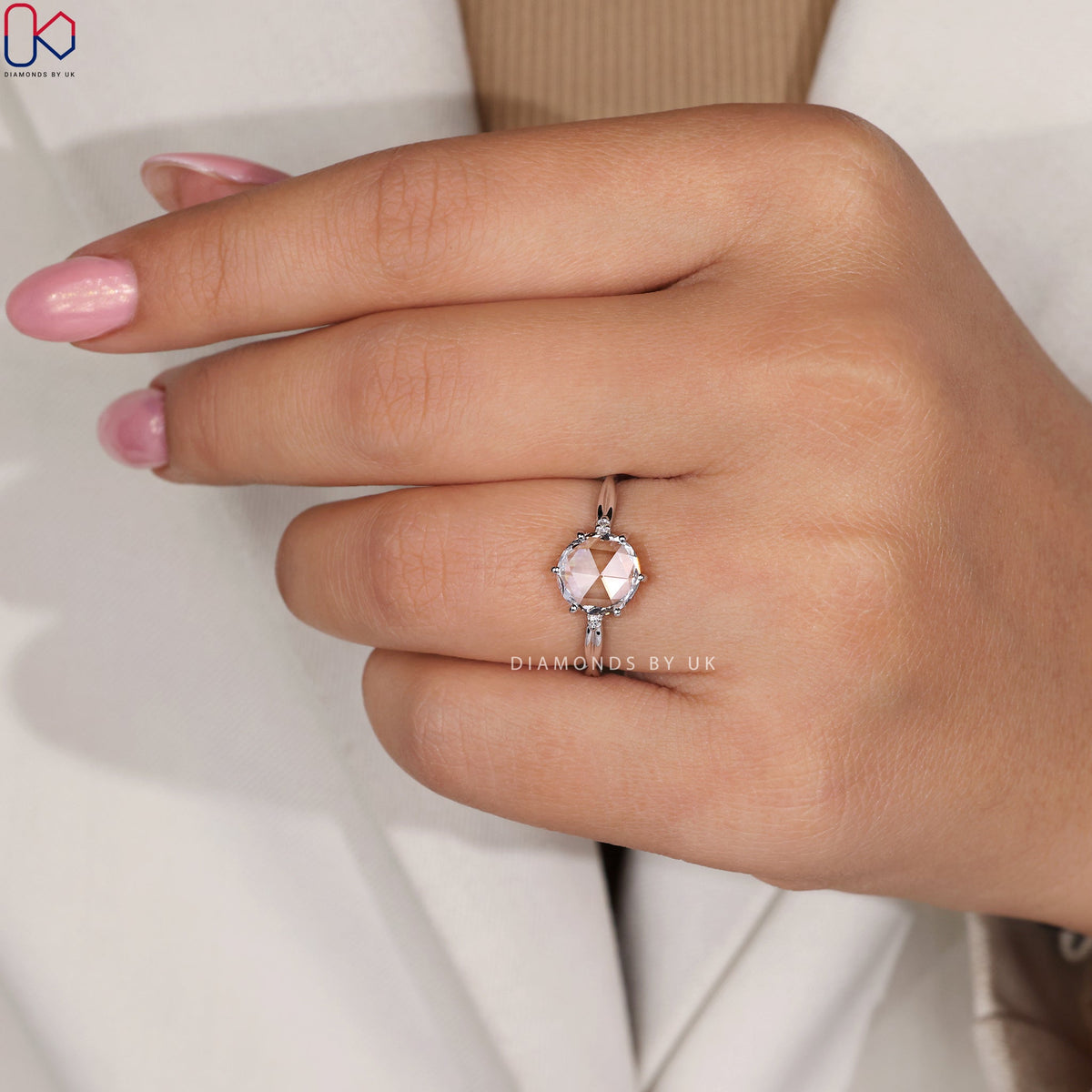 Rose Cut Diamond Ring with Round Side Stone