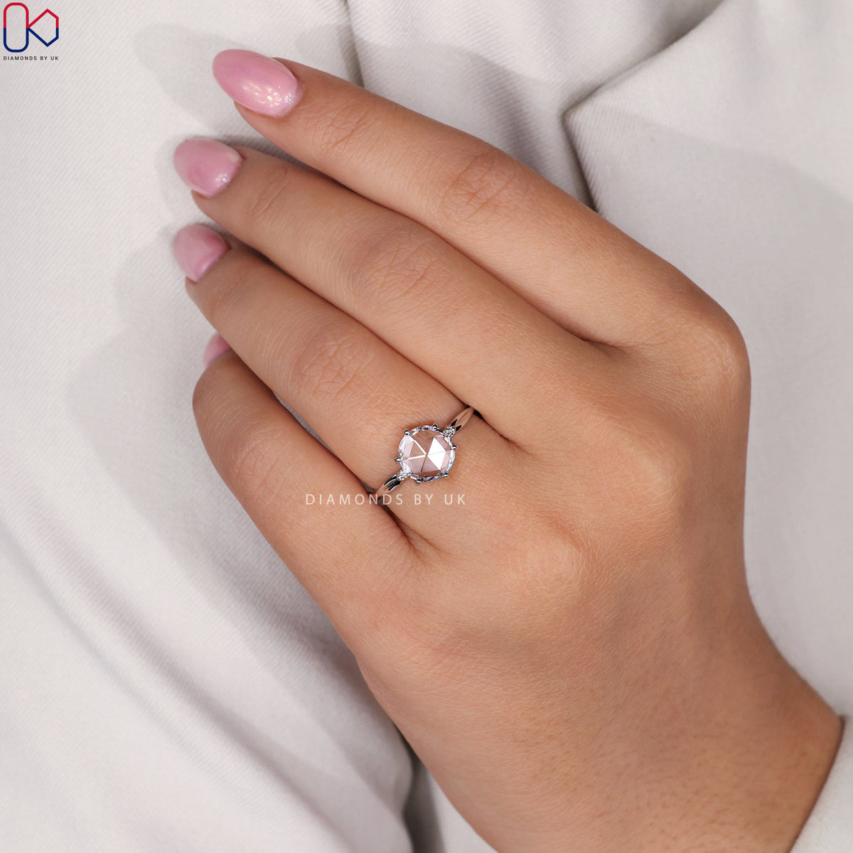 Rose Cut Diamond Ring with Round Side Stone